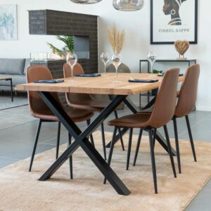 4Home Tisch mit 4 Stühlen braunes Kunstleder Tisch 140x95 cm (fünfteilig)