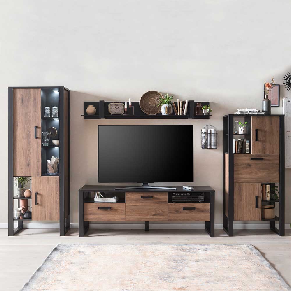 Natura Classico Fernseher Schrankwand in modernem Design Nussbaumfarben & Schwarz (vierteilig)