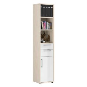 Müllermöbel Ordnerschrank mit Regal in Holz White Wash Optik Hochglanz Weiß