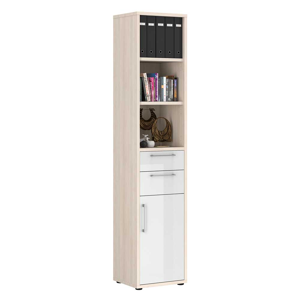 Müllermöbel Ordnerschrank mit Regal in Holz White Wash Optik Hochglanz Weiß