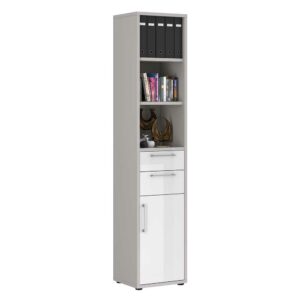 Müllermöbel Büro Hochschrank 48 cm breit Platingrau & Weiß Hochglanz