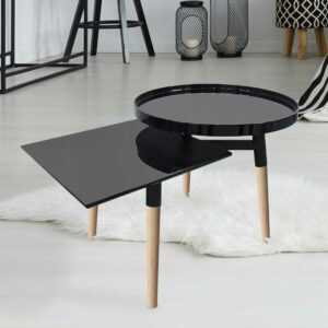 Doncosmo Design Sofatisch in Schwarz Hochglanz und Bambus zwei unterschiedlichen Platten