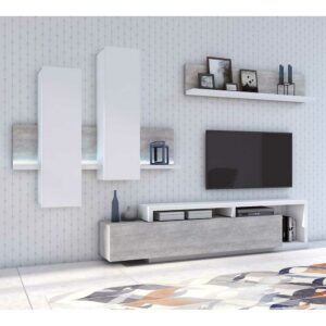 4Home Wohnzimmerwand modern in Beton Grau und Weiß LED Beleuchtung (dreiteilig)