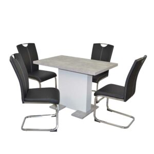 Möbel4Life Esszimmer Tischgruppe in Beton Grau und Weiß schwarzes Kunstleder (fünfteilig)