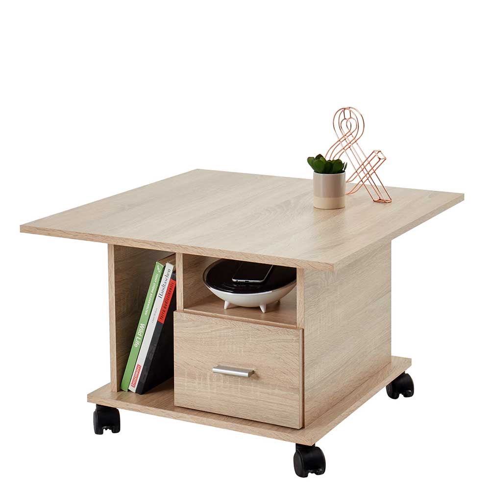 Möbel4Life Rollbarer Wohnzimmer Tisch in Sonoma-Eiche einer Schublade