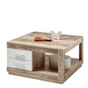 Möbel4Life Couchtisch mit Schubladen in Holz Antik Optik und Weiß 80x80 cm