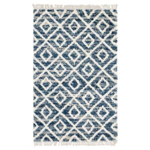 Doncosmo Muster Teppich geometrisch in Blau und Cremefarben Shaggy Hochflor