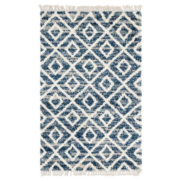 Doncosmo Muster Teppich geometrisch in Blau und Cremefarben Shaggy Hochflor