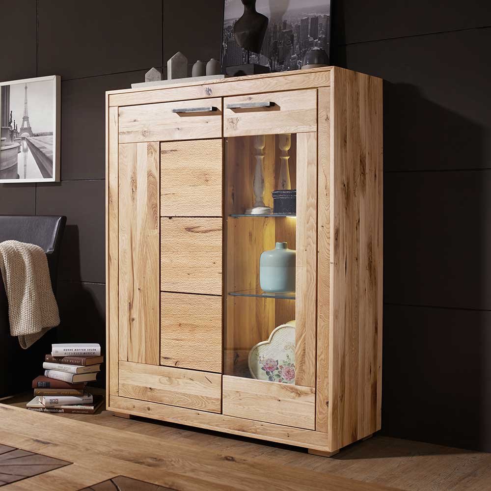 Basilicana Wohnzimmer Highboard aus Wildeiche Massivholz hell sandgestrahlt und geölt