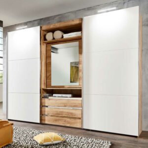 Star Möbel Moderner Funktions Kleiderschrank in Weiß und Holzoptik Plankeneiche Spiegel innen