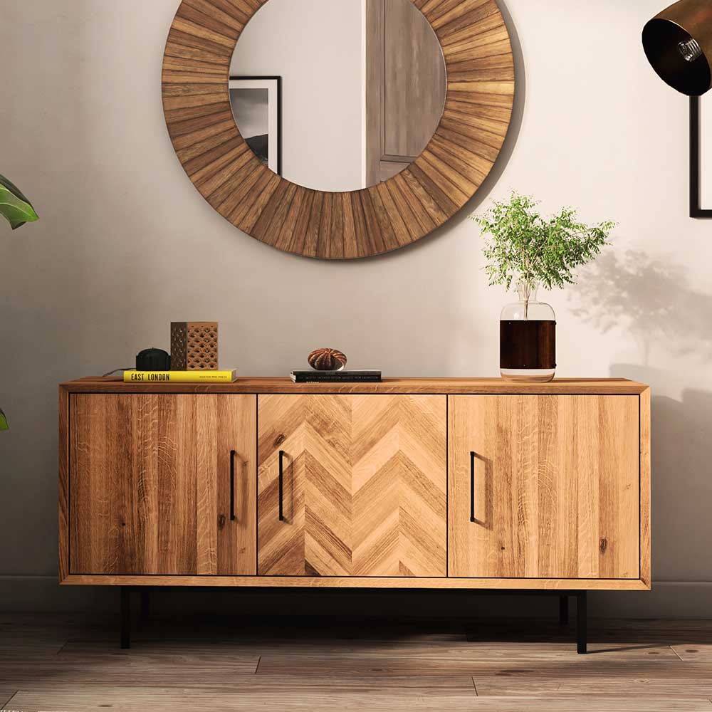 Basilicana Sideboard Wildeiche geölt mit 3 Drehtüren Vierfußgestell aus Metall