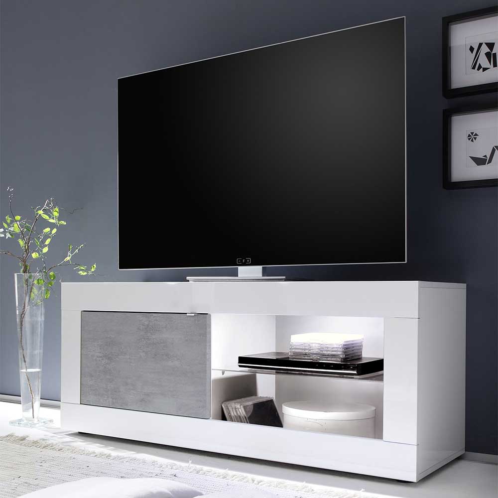 Homedreams TV Lowboard in Weiß und Beton Grau offene Gerätefächer