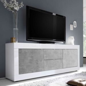 Homedreams Fernseh Lowboard in Weiß und Beton Grau zwei Türen und Schubladen