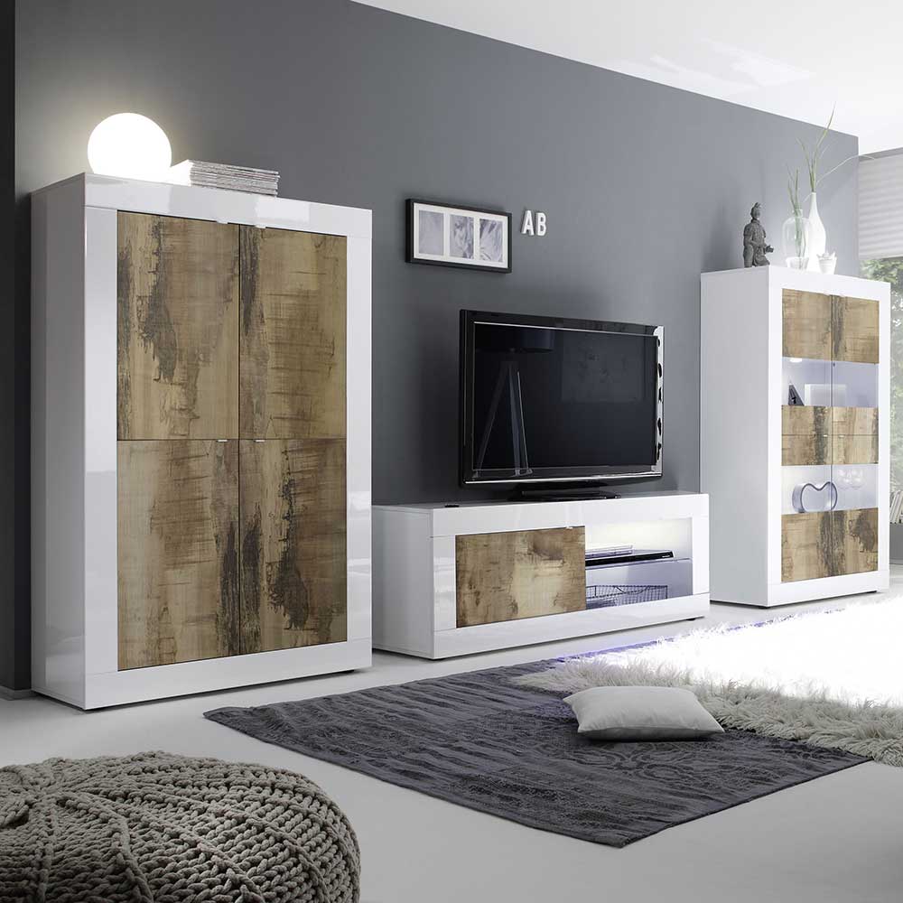 Homedreams Fernseher Schrankwand in Holz verwittert Hochglanz weiß (dreiteilig)