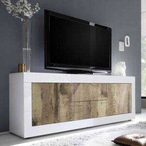 Homedreams Modernes TV Sideboard in Weiß & Holz verwittert 210 cm breit