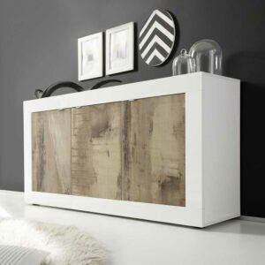 Homedreams Modernes Sideboard in Weiß & Holz verwittert 3 türig