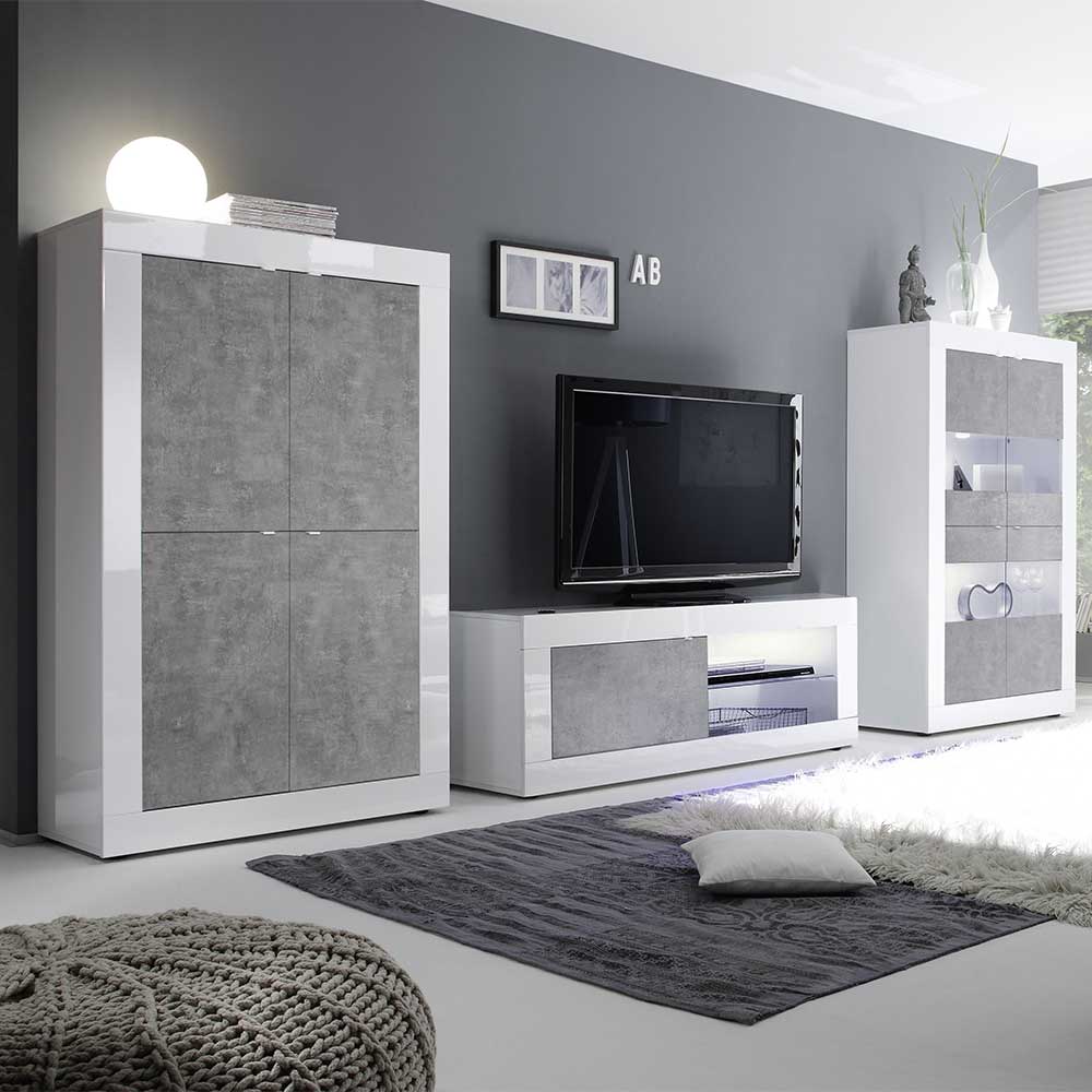 Homedreams Design Wohnwand in Beton Grau und Weiß Hochglanz Metallgriffen (dreiteilig)