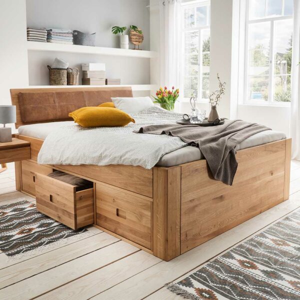 Basilicana Funktionsbett aus Wildeiche Massivholz Schubladen
