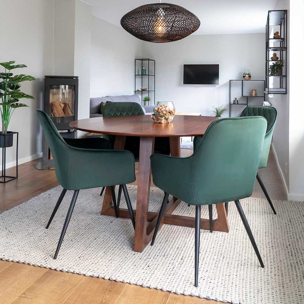 4Home Esszimmergarnitur mit rundem Tisch in Walnussfarben Stühlen in Dunkelgrün (fünfteilig)