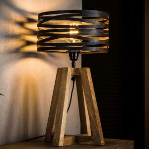Rodario Tischlampe in Dunkelgrau und Holz Naturfarben Massivholz und Metall