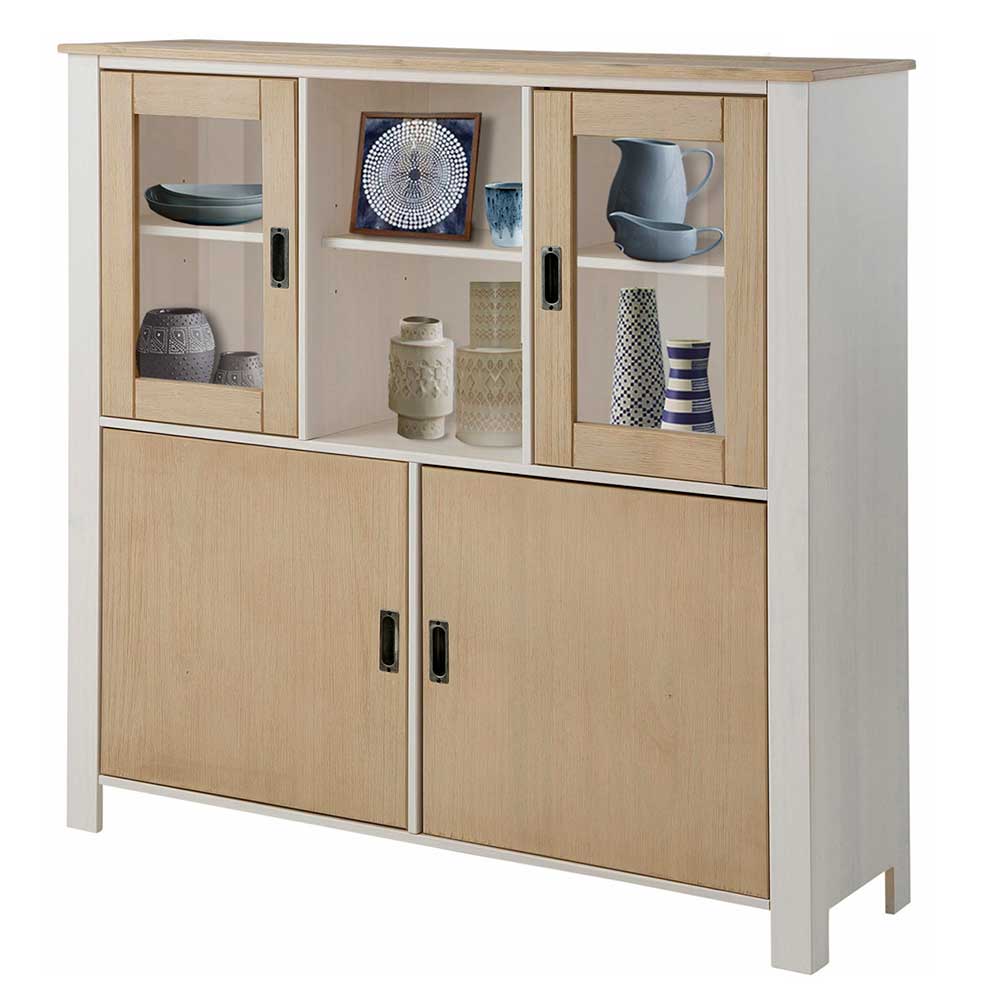 Möbel4Life Wohnzimmer Highboard in Weiß Kiefer massiv Skandi Design