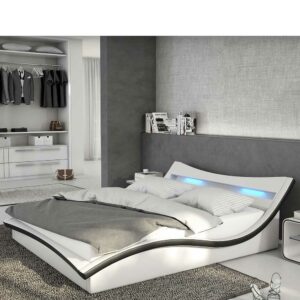Rodario Niedriges Bett in Weiß und Schwarz Kunstleder LED Beleuchtung
