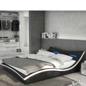 Rodario Design Bett in Schwarz und Weiß Kunstleder LED Beleuchtung