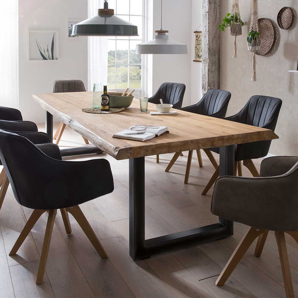 Massivio Baumkantentisch aus Teak Massivholz und Metall unikat