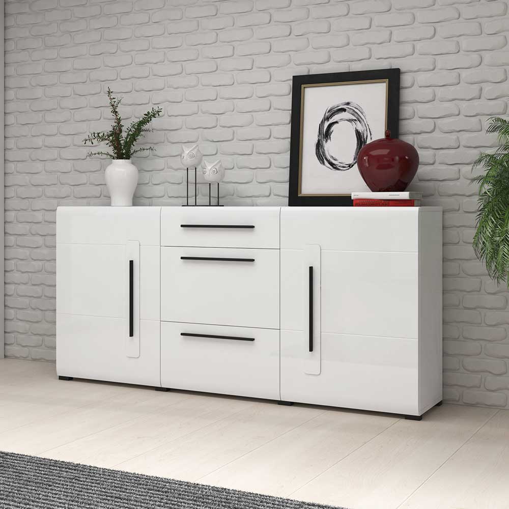 4Home Weißes Hochglanz Sideboard mit drei Schubladen 180 cm breit