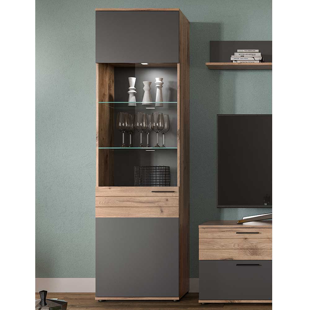 Möbel4Life Wohnzimmervitrine modern in Wildeichefarben & Grau 200 cm hoch