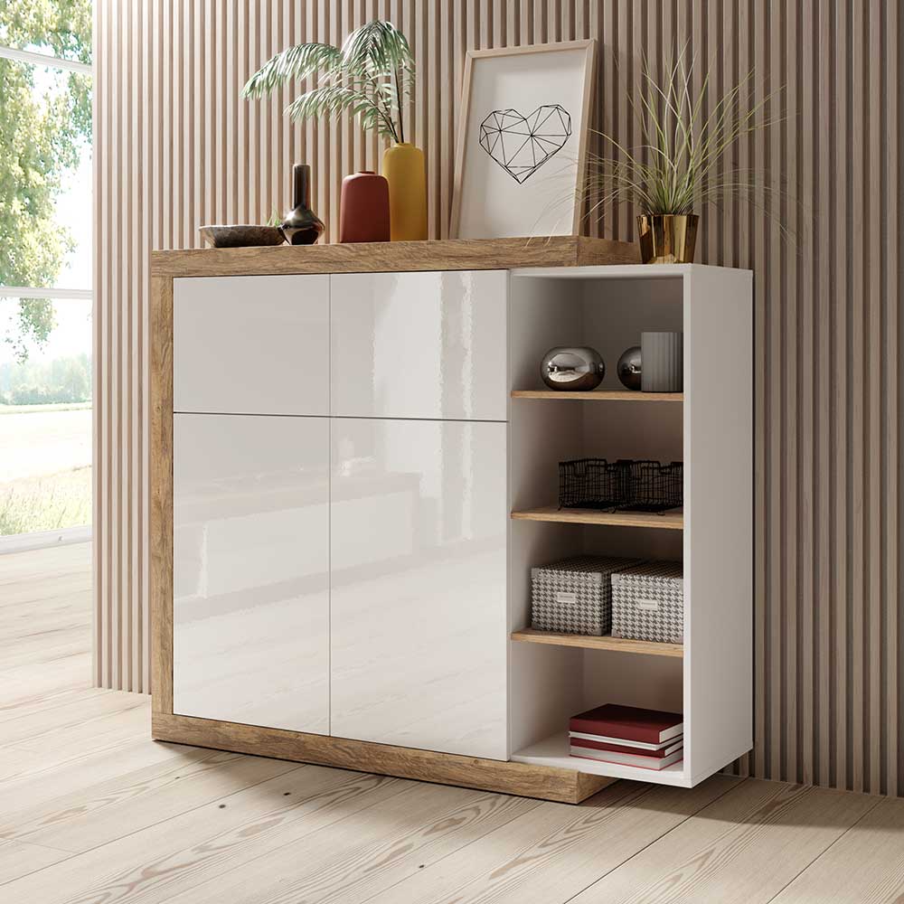 4Home Highboard mit offenen Fächern Eichefarben und Weiß Hochglanz