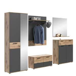 Möbel4Life Moderne Komplett Garderobe in Wildeichefarben Grau (fünfteilig)