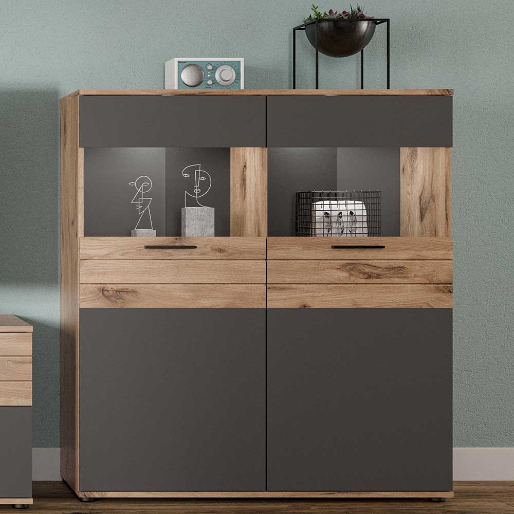 Möbel4Life Wohnzimmer Highboard modern in Wildeichefarben & Grau 110 cm breit