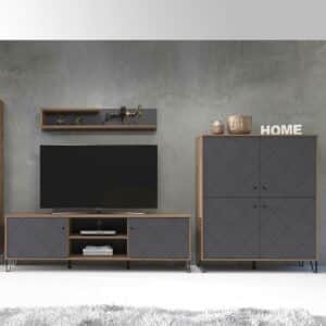 TopDesign Wohnwand Modern in Dunkelgrau und Eiche Braun NB 306 cm breit (dreiteilig)