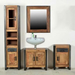Möbel Exclusive Loft Design Badmöbel Set aus Sheesham Massivholz Metall in Schwarz (vierteilig)