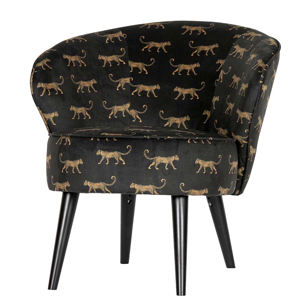 Basilicana Design Cocktailsessel in Schwarz und Beige Samt Raubkatzen Motiven