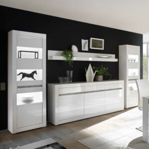 Brandolf Design Wohnwand in Weiß Hochglanz und Beton Grau Sideboard (vierteilig)