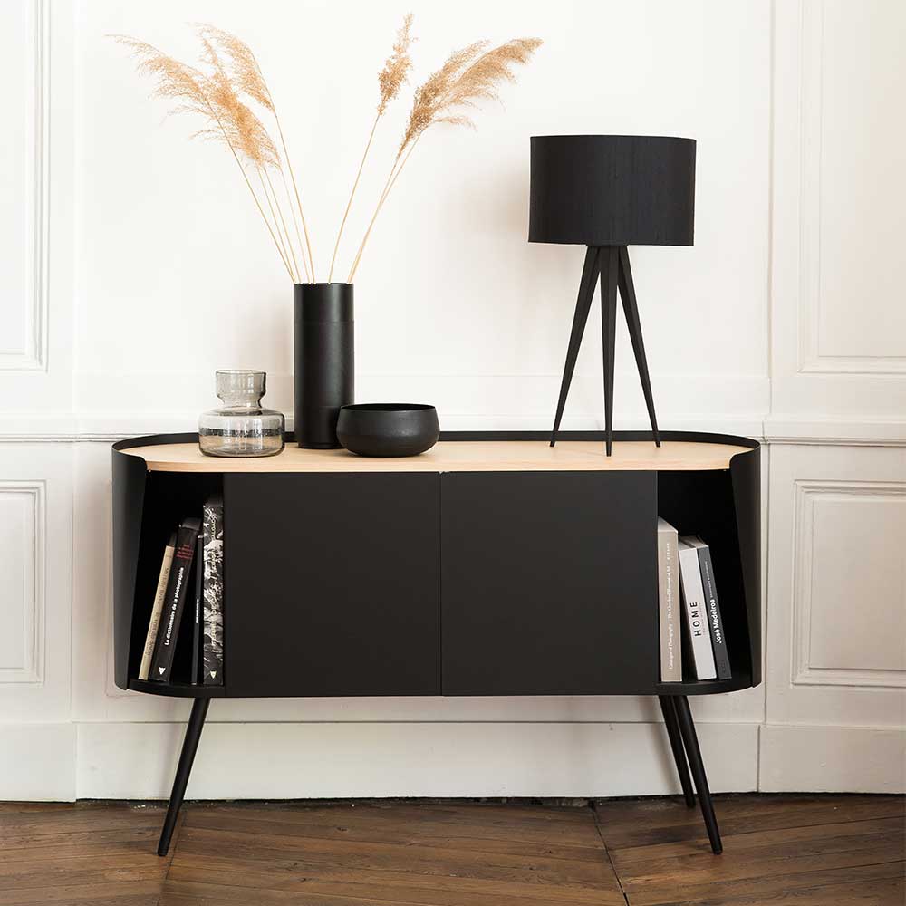 Violata Furniture Design Metallsideboard in Schwarz mit Eiche Dekor oval
