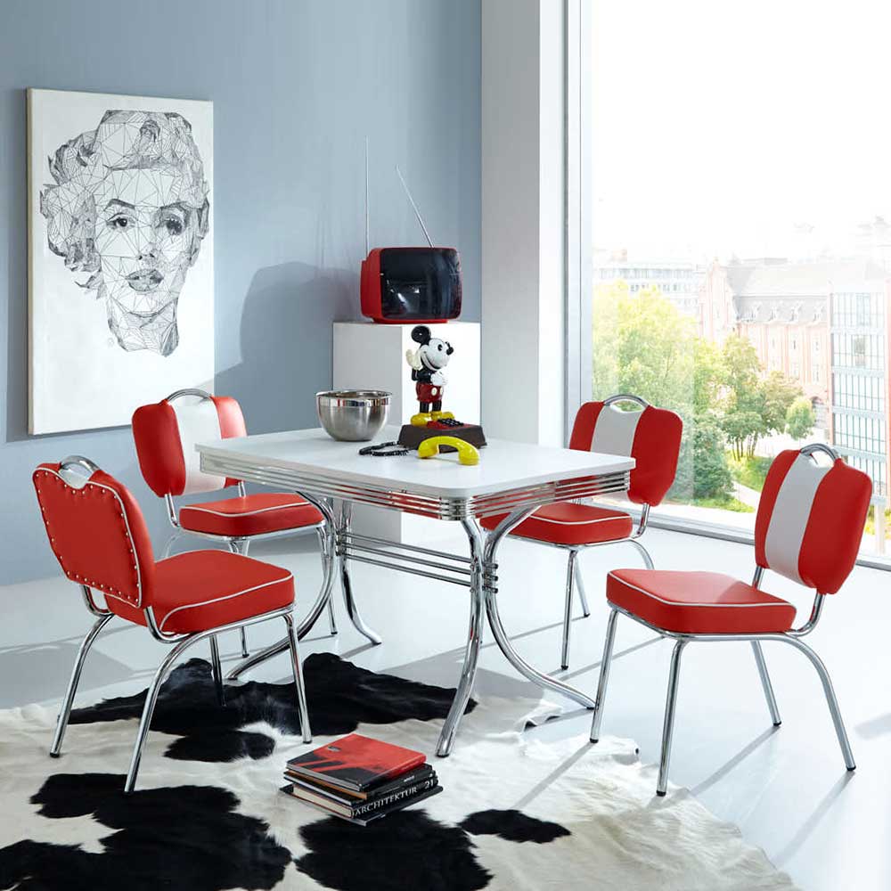 Brandolf Tisch mit 4 Stühlen im Retro Style Rot Weiß gestreift (fünfteilig)