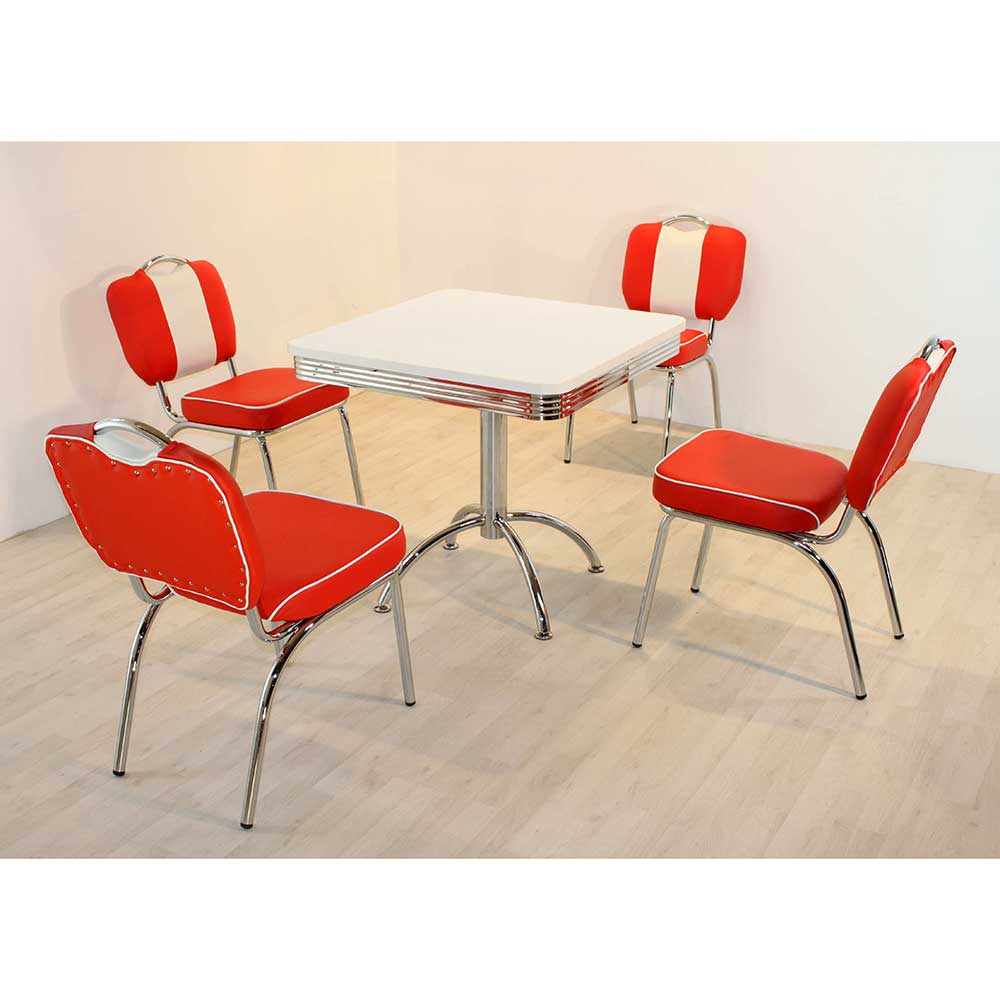 Brandolf Retro Sitzgruppe in Rot Weiß gestreift 4 Stühlen (fünfteilig)
