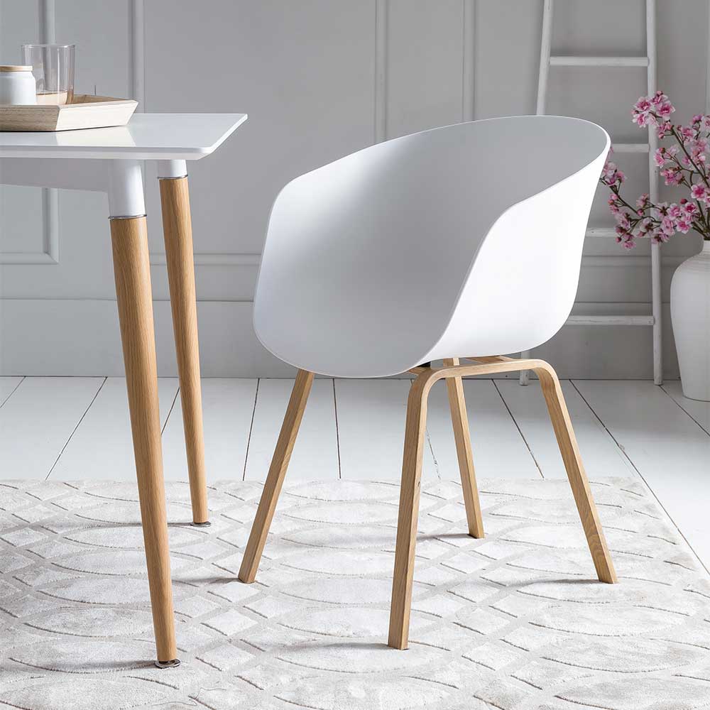 Rodario Armlehnenstühle in Weiß Kunststoff Metallgestell in Holz Naturfarben (2er Set)