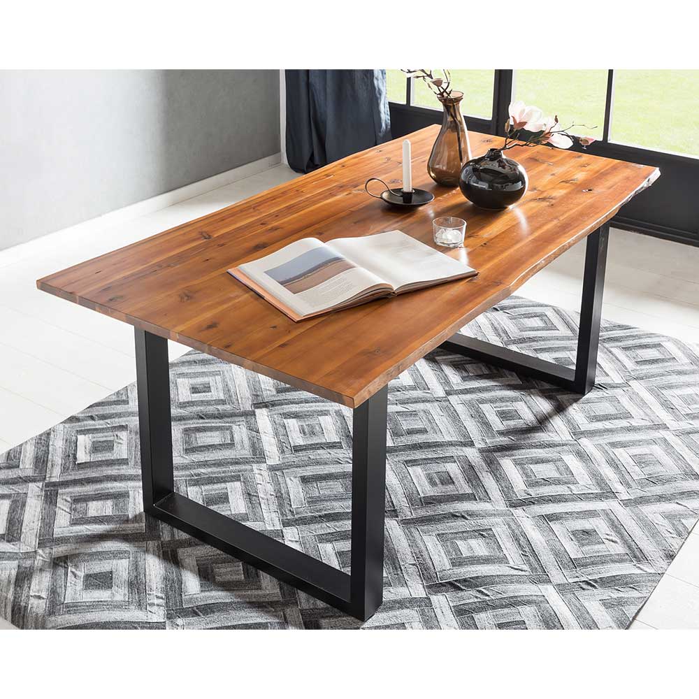 Rodario 120 cm Baumkanten Tisch in Cognac Braun lackiert Akazie Massivholz und Metall