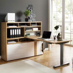 Müllermöbel Büromöbel Set in Weiß und Eiche Optik höhenverstellbarem PC Tisch (zweiteilig)