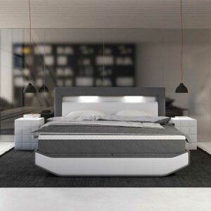 Rodario Design Boxspringbett in Grau und Weiß LED Beleuchtung