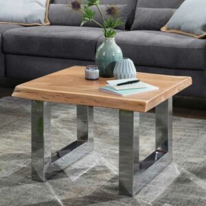 Möbel4Life Sofa Beistelltisch aus Akazie Massivholz verchromten Bügelgestell