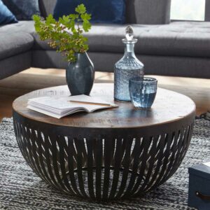 Möbel4Life Design Wohnzimmertisch in Trommelform Eisen und Recyclingholz
