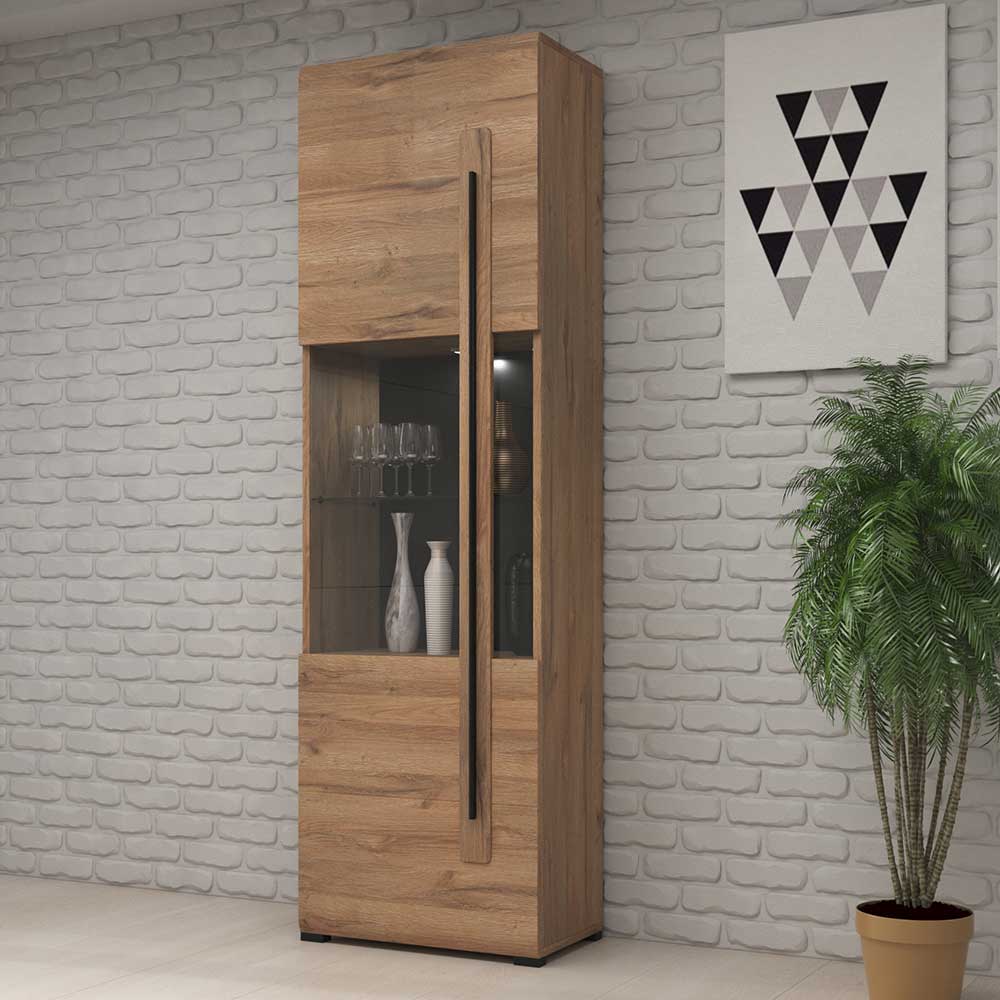 4Home Wohnzimmer Vitrinenschrank in Eichefarben und Schwarz 204 cm hoch