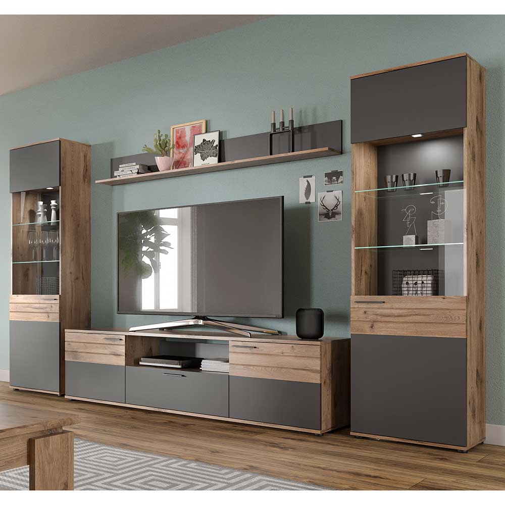 Möbel4Life Wohnzimmerwand in Wildeichefarben und Grau 308 cm breit (vierteilig)