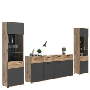 Möbel4Life Design Wohnwand in Wildeichefarben und Grau 200 cm hoch (dreiteilig)