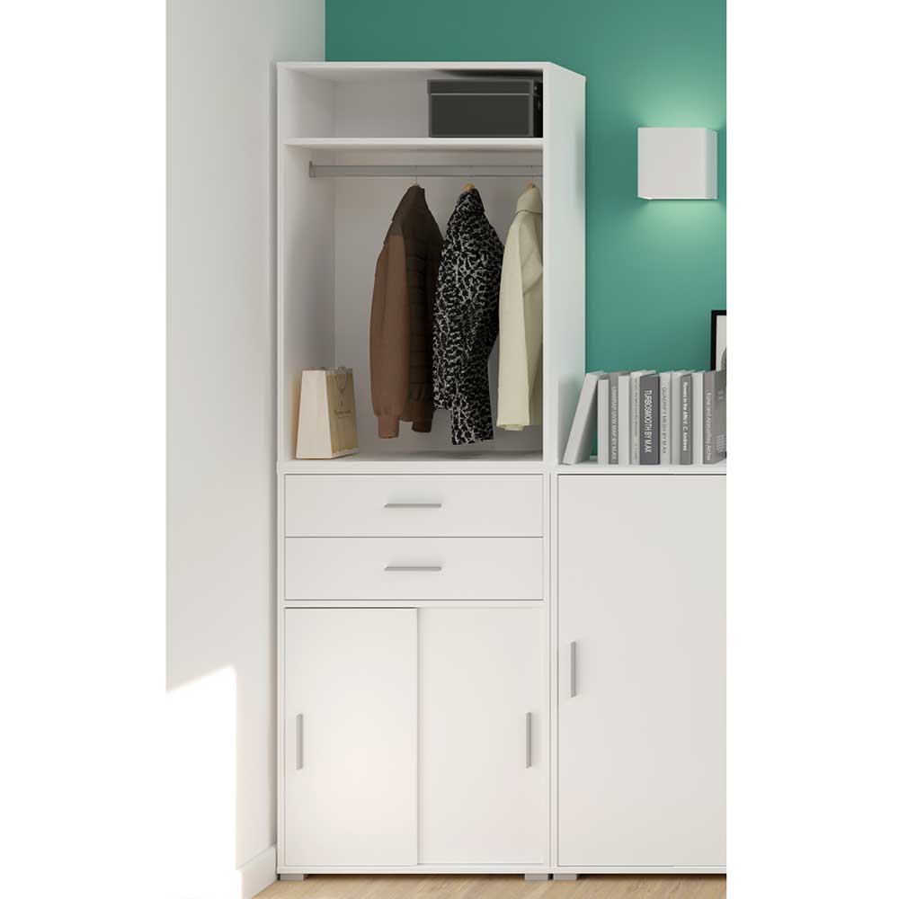 Möbel4Life Weißer Garderobenschrank mit zwei Schubladen Schiebetüren